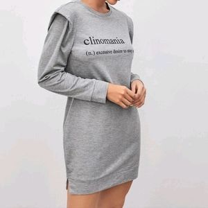 Gray Shoulder padded split Hem Slogan Graphic sweat dress